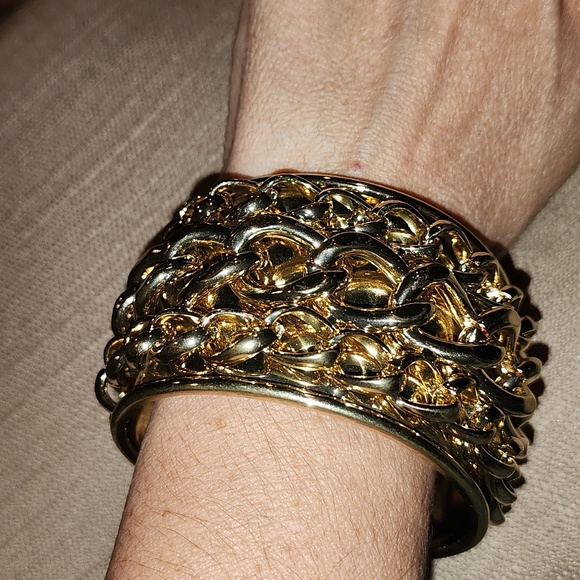 New Fashion Accents Gold Cuff with Chain Embellishments - Picture 2 of 8